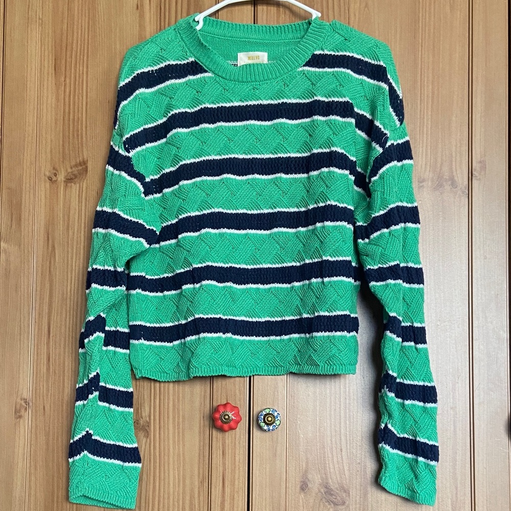 Maeve Anthropologie Green Navy Striped Sweater M EUC